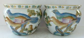 Vintage Gilt Porcelain Tropical Bird Flower Pots Planters Bowls Urn Pair