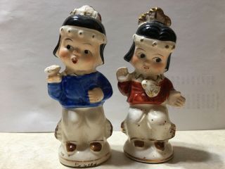 Vintage Indian Children Salt And Pepper Shakers Ceramic Red Blue Hand Painted