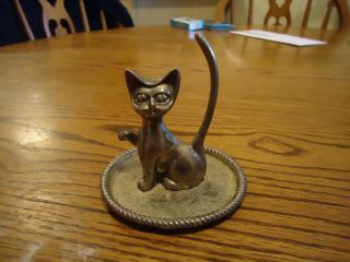 Vintage Silver Plated Cat Ring Holder Trinket Tray Jewelry Kitty Kitten
