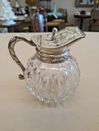 Vintage 3 1/2 Inch Glass And Silver Individual Syrup Pitcher Ground Bottom