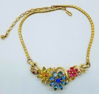 Vintage Corocraft Goldtone Multi Color Flower Rhinestone 17 " Necklace Bookpiece