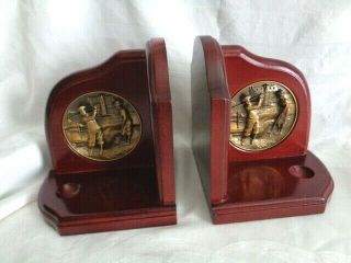Pair Vintage Golfer Themed Wood Book Ends Cherry Finish