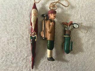 Vintage Christmas Ornaments Set Of 3 Resin Figures Vintage Golfer,  Golf Bag,  San