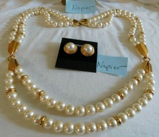 Vtg Napier Faux Pearl,  Gold Beaded Statement Necklace And Earrings Set Signed