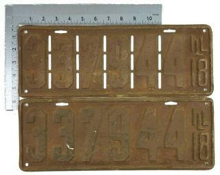 Illinois 1918 Pair Old License Plate Garage Car Tag Man Cave Vtg Slotted Long