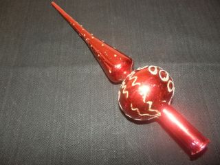 Vintage Red W/ Gold Glitter Glass Christmas Tree Topper 11 3/4 "