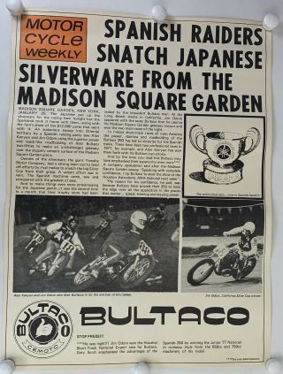 Vtg 1971 Bultaco Dealer Poster Kenyon Odom Yamaha Motor Cycle Weekly Racing