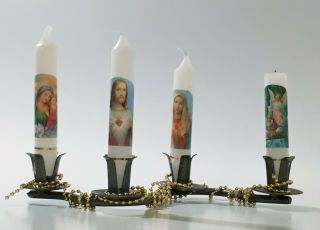 Vintage Metal Advent Candle Holder With Saints Candle,  Christmas Table Top Decor