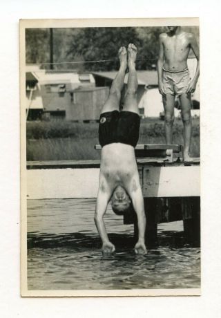 3 Vintage Photo Swimsuit Boys Mid - Dive Diving Pier Camp Man Snapshot