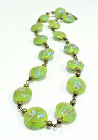 Vintage Green W/ Blue & Pink Flowers Lampwork Art Glass Bead Necklace No1980