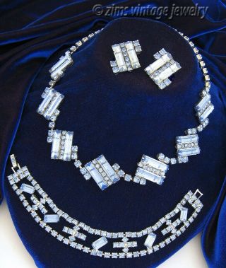 Vintage 50’s Modernist Light Blue Rhinestone Silver Choker Earrings Bracelet Set