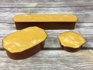 Set Of 3 Vintage Lucite Vanity Containers Amber Yellow Gold Mid Century Art Deco