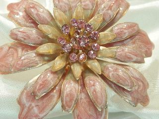 Vintage Christmas Poinsettia Flower Crystal Pink Rhinestone Enamel Brooch 818o9