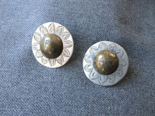 Vintage Design Engraved Brass Disc Silvered Metal Flower Earrings