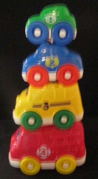 Vintage 1999 Fisher Price Set Of 4 Plastic Nesting Vehicles Fire Police Bus Car