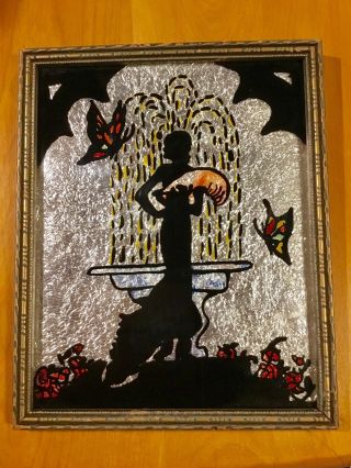 Vintage Reverse Painting Foil Silhouette Picture Art Deco Lady Butterfly Scene