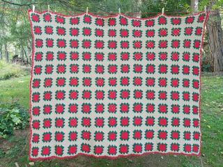Vtg Handmade Crochet Knit Afghan Throw Blanket 75 X 60 " Red Green Tan Squares