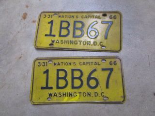 Vintage Washington Dc / District Of Columbia 1966 License Plate Matching Set