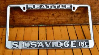 Vtg 60s Embossed Metal License Dealer Plate Frame Sl Savidge Seattle Wa Dodge