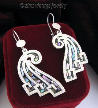 Vintage Old Mexican Sterling Silver Aztec Abalone Inlay Wire Dangle Earrings