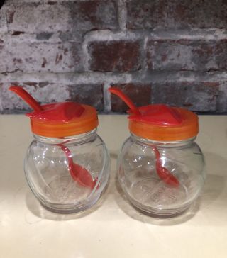 Vintage Set Of 2 Condiment Jars Lids Spoons Anchor Hocking Sugar Relish Euc