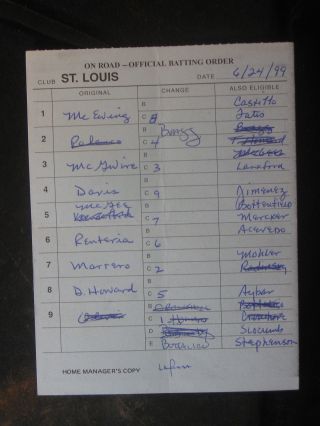 6/24/99 Tony Larussa Signed St Louis Cardinals Game Lineup Umpire Card 078