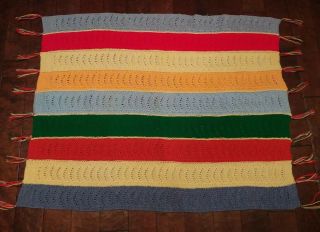 Vintage Crochet Knit Afghan Throw Blanket - Colors - Rainbow - Fringe