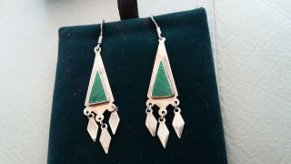 Vintage Jewellery 925 Silver And Green Earrings For Pierced Ears 1.  75 Inches