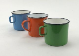 (3) Vintage Yugoslavia Enamelware Enamel Metal Camp Colors Coffee Cup Mug Set