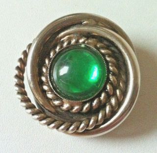 Vintage Emerald Green Iridescent Glass Brooch Round Rope Pattern Silvertone