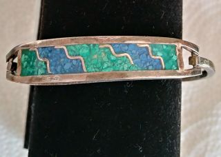 Vintage Alpaca Mexican Hinged Bracelet Green/blue Enamel Inlay