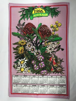 Vintage Souvenir Floral 1986 Calendar Tea Towel Australia Wildflowers