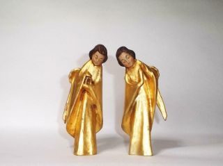 Vintage Christmas Nativity Angels Hand Carved Wood Gold Painted Puti - Treen
