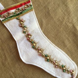 Vintage Felt Christmas Stocking Glitter Mini Glass Beads Ribbon Trim