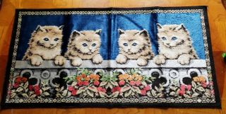 Vintage Italian Cat Kitten Floral Tapestry Rug Kitty Blue Eyes Made In Italy
