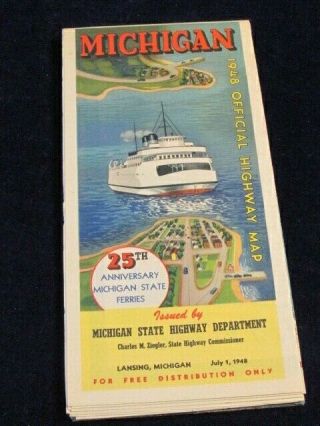 Vintage Official July 1 1948 Michigan Highway State Road Map Near