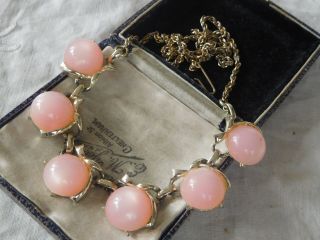Stunning Vintage 1950s Pink Lucite Cabochon Necklace By Jewelcraft