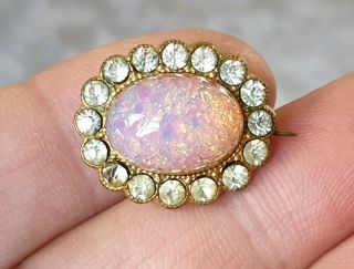 Vintage Art Deco Jewellery Foil Back Opal Cabochon & Rhinestone Gold Brooch Pin