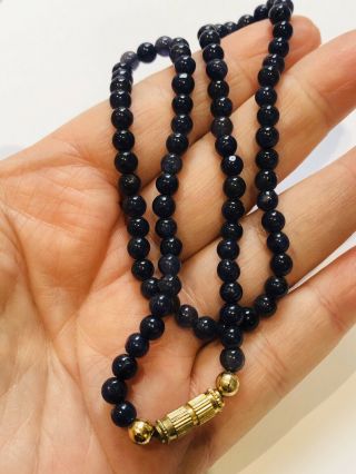 Vintage Real Sapphire Bead Necklace,  Gold Tone Barrel Clasp