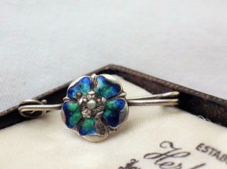 Vintage Art Nouveau Tudor Rose Solid Silver & Enamel Brooch Pin Signed