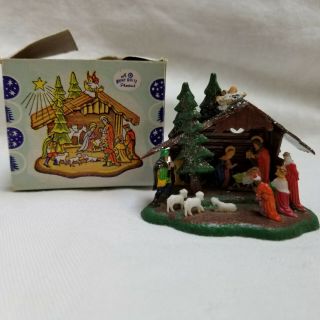 Vintage Shiny Brite Miniature Nativity Scene Hard Plastic 2 " With Box