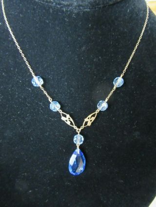 Vintage Necklace Blue Glass Crystal Three Leaf Clover Gold Chain 1930 