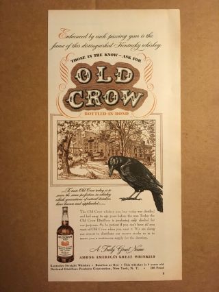 Vintage 1943 Old Crow Kentucky Straight Bourbon Whiskey Print Advertisement