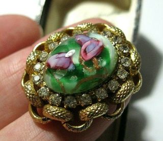 Vintage Jewellery Art Deco Venetian Roses Glass Rhinestone Crystal Brooch Pin