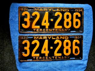 1934 Yom Pair Maryland License Plate Tag Number 324 286 Vintage Md Tercentenary