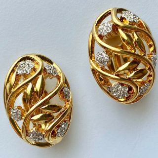 Signed Nina Ricci Vintage Gold Tone Crystal Rhinestone Flower Clip Earrings 97