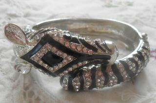 Zebra Rhinestone Hinged Bangle Bracelet Black & Silver Vintage