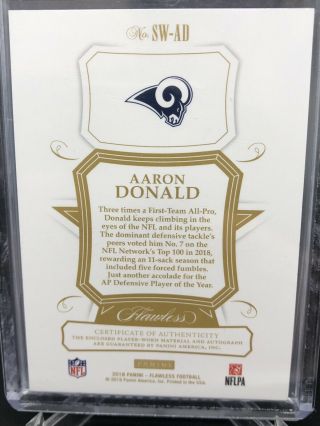2018 Panini Flawless Aaron Donald Star Swatch Signatures Patch Auto 1/10  3