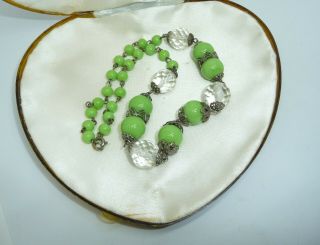 Vintage Art Deco Czech Green Glass With Filigree Mounts Linked Bead Necklace