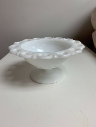 Vintage Open Heart Lace Edge Milk Glass Candy Dish 3 1/4 Tall 6 3/4 Wide
